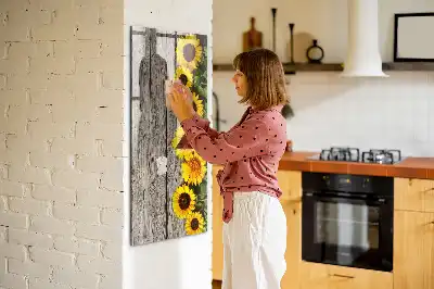 Magnettafel beschreibbar Motiv Sonnenblumen auf Holzoptik