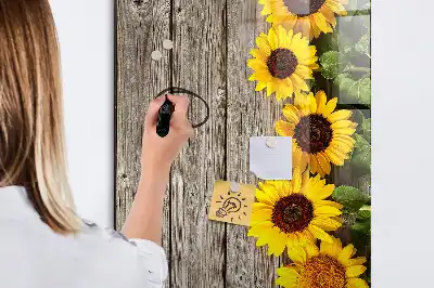 Magnettafel beschreibbar Motiv Sonnenblumen auf Holzoptik