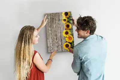 Magnettafel beschreibbar Motiv Sonnenblumen auf Holzoptik
