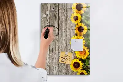Magnettafel beschreibbar Motiv Sonnenblumen auf Holzoptik