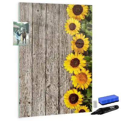 Magnettafel beschreibbar Motiv Sonnenblumen auf Holzoptik