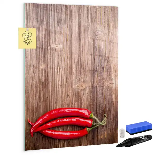 Magnettafel zum Beschreiben mit Motiv Chilis auf Holzbrett