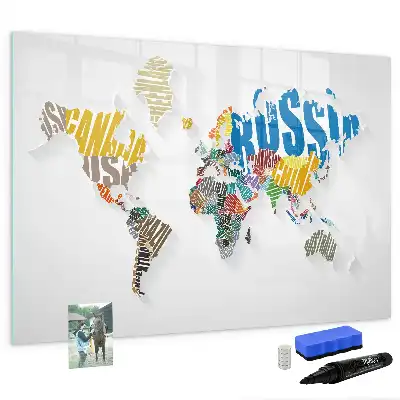 Beschreibbare Magnettafel in Form einer Weltkarte aus Text