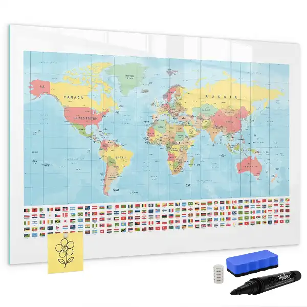 Geografische Weltkarte als beschreibbare Magnettafel