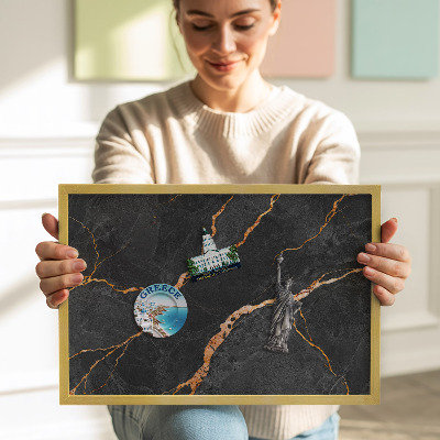 Magnettafel mit goldenem Rahmen Verzierter dunkler Marmor