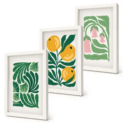 Bilderwand mit minimalistischen Pflanzenmustern aus Früchten und Blättern