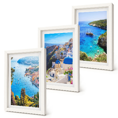 Bilderset mit rahmen Griechische Küstenlandschaft und die Stadt Oia auf Santorin