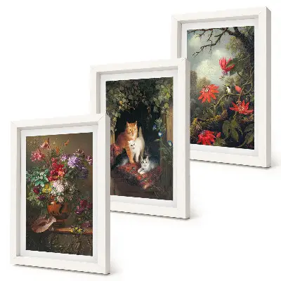 Fotowand mit Vintage-Motiven von Blumen sowie Katzen in der Natur