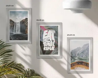 Bilderwand mit Wasserfall, Bergen, Naturlandschaft und Bootsfahrt