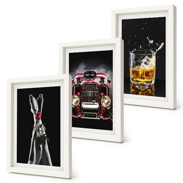 Bilderset mit rahmen Frauenbeine mit einer Rose, ein Oldtimer, ein Glas Whisky
