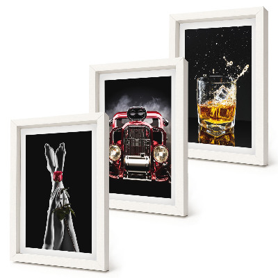 Bilderset mit rahmen Frauenbeine mit einer Rose, ein Oldtimer, ein Glas Whisky