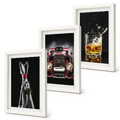 Bilderset mit Rahmen Frauenbeine mit Rose, Oldtimer und einem Glas Whisky