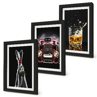 Bilderset mit rahmen Frauenbeine mit einer Rose, ein Oldtimer, ein Glas Whisky