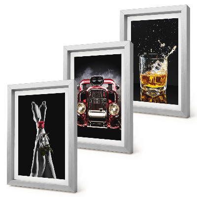 Bilderset mit rahmen Frauenbeine mit einer Rose, ein Oldtimer, ein Glas Whisky