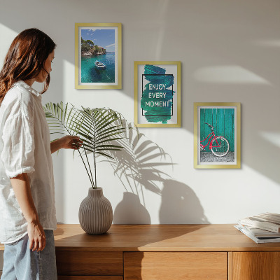 Bilderwand Meerblick mit inspirierender Inschrift für Boote und Fahrräder