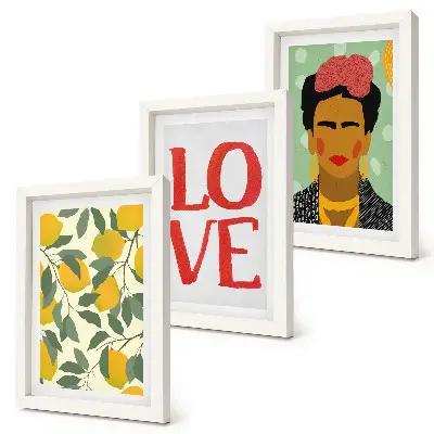 Bilderset mit Rahmen gemaltes Frida Kahlo Porträt mit Zitronen und LOVE Schriftzug