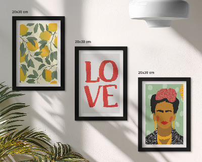 Bilderset mit rahmen Zitronen mit der Aufschrift LOVE, gemaltes Porträt von Frida Kahlo