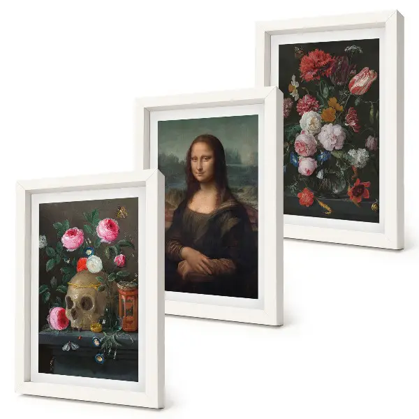 Fototapete mit Vintage-Blumen, Totenkopf und Mona-Lisa-Porträt von Leonardo da Vinci