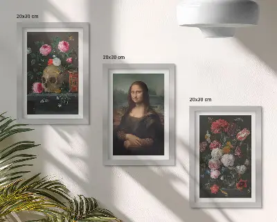 Fototapete mit Vintage-Blumen, Totenkopf und Mona-Lisa-Porträt von Leonardo da Vinci