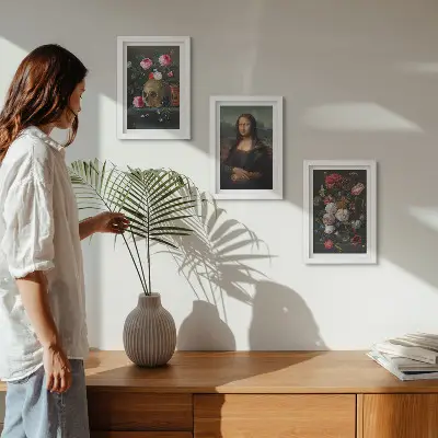 Fototapete mit Vintage-Blumen, Totenkopf und Mona-Lisa-Porträt von Leonardo da Vinci
