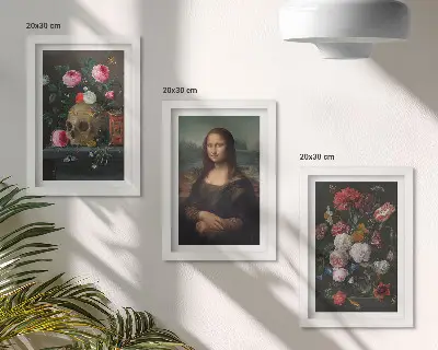 Fototapete mit Vintage-Blumen, Totenkopf und Mona-Lisa-Porträt von Leonardo da Vinci