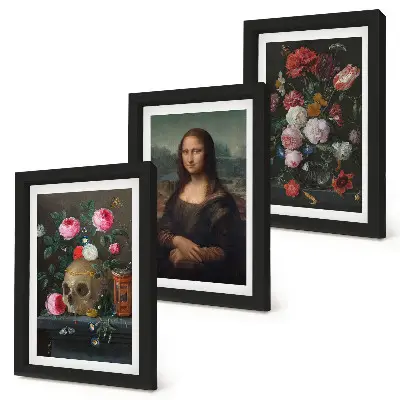 Fototapete mit Vintage-Blumen, Totenkopf und Mona-Lisa-Porträt von Leonardo da Vinci