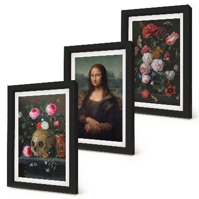 Fotowand Vintage-Blumen, Totenkopf und Mona-Lisa-Porträt von Leonardo da Vinci