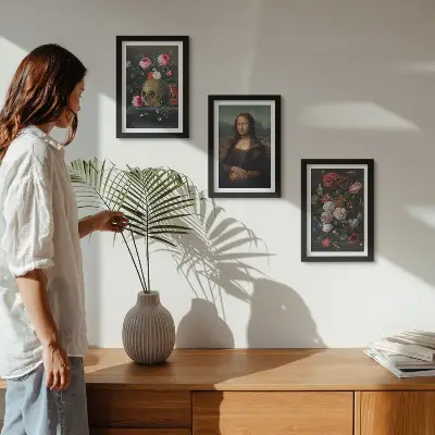 Fototapete mit Vintage-Blumen, Totenkopf und Mona-Lisa-Porträt von Leonardo da Vinci
