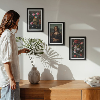 Fotowand Vintage-Blumen, Totenkopf und Mona-Lisa-Porträt von Leonardo da Vinci