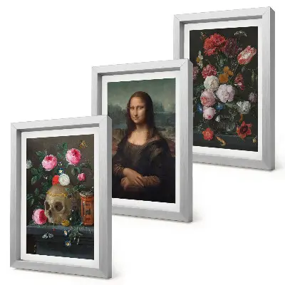 Fototapete mit Vintage-Blumen, Totenkopf und Mona-Lisa-Porträt von Leonardo da Vinci