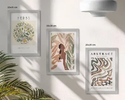 Bilderwand mit minimalistischen Postern in Boho-Ästhetik und Pastellfarben