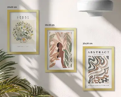 Bilderwand mit minimalistischen Postern in Boho-Ästhetik und Pastellfarben