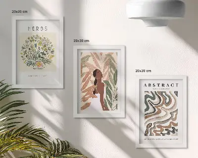 Bilderwand mit minimalistischen Postern in Boho-Ästhetik und Pastellfarben