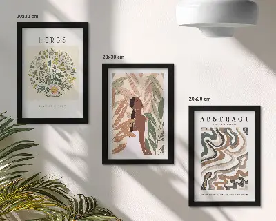 Bilderwand mit minimalistischen Postern in Boho-Ästhetik und Pastellfarben