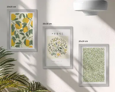 Bilderwand mit Zitronenmotiven sowie Kräuter- und Pflanzenblättern