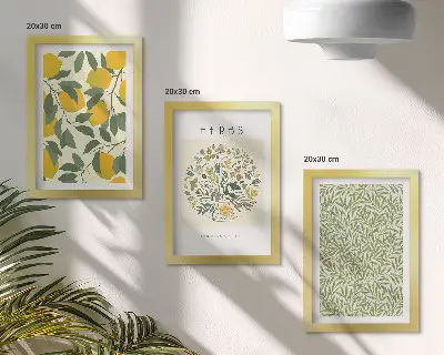 Bilderwand mit Zitronenmotiven sowie Kräuter- und Pflanzenblättern