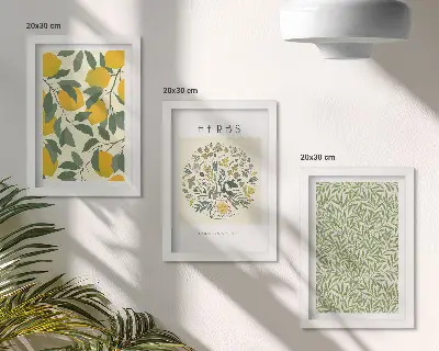 Bilderwand mit Zitronenmotiven sowie Kräuter- und Pflanzenblättern