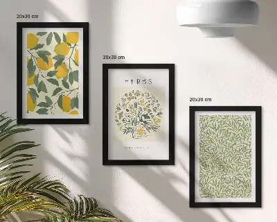 Bilderwand mit Zitronenmotiven sowie Kräuter- und Pflanzenblättern