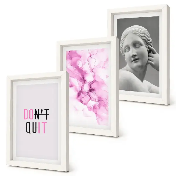 Bilderset mit Rahmen mit Abstraktion in Aquarell, inspirierendem Slogan und antiker Skulptur