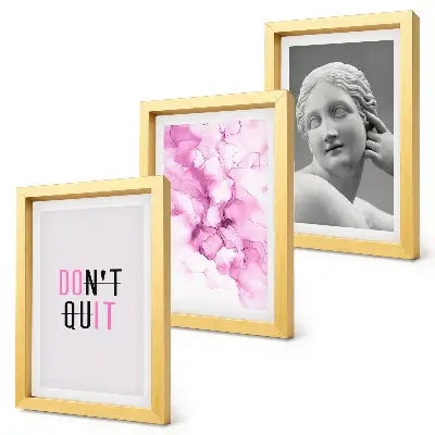 Bilderset mit Rahmen mit Abstraktion in Aquarell, inspirierendem Slogan und antiker Skulptur