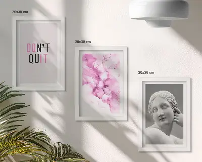 Bilderset mit Rahmen mit Abstraktion in Aquarell, inspirierendem Slogan und antiker Skulptur