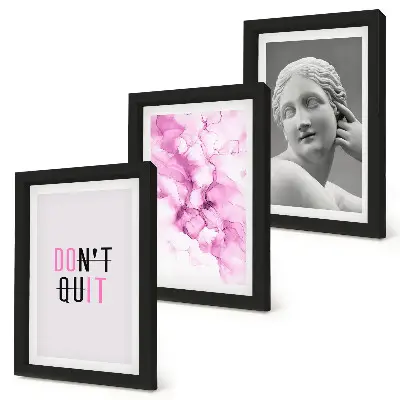 Bilderset mit Rahmen mit Abstraktion in Aquarell, inspirierendem Slogan und antiker Skulptur