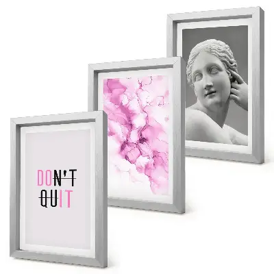 Bilderset mit Rahmen mit Abstraktion in Aquarell, inspirierendem Slogan und antiker Skulptur