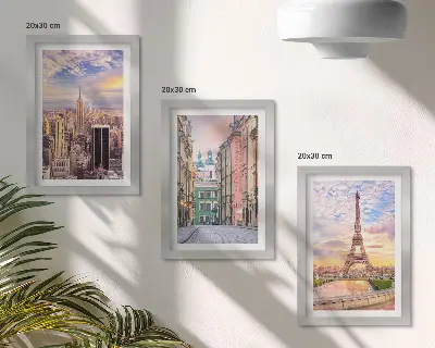 Bilderwand mit dem Blick auf die Städte New York, Paris und Warschau in der Abenddämmerung
