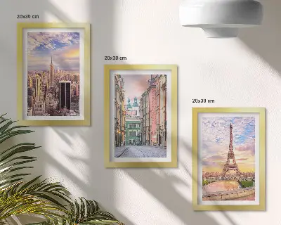 Bilderwand mit dem Blick auf die Städte New York, Paris und Warschau in der Abenddämmerung