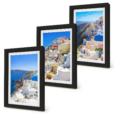 Bilderwand mit Landschaftsansichten der Stadt Oia auf Santorin in Griechenland