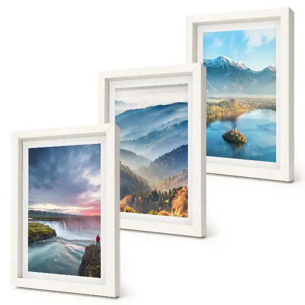 Bilderwand mit malerischen Berglandschaften und Wasserfällen in der Natur