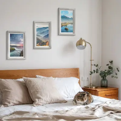 Bilderwand mit malerischen Berglandschaften und Wasserfällen in der Natur
