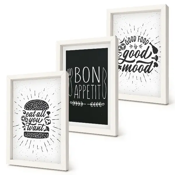 Bilderwand mit Grafiken und Slogans rund ums Thema Essen und Kulinarik