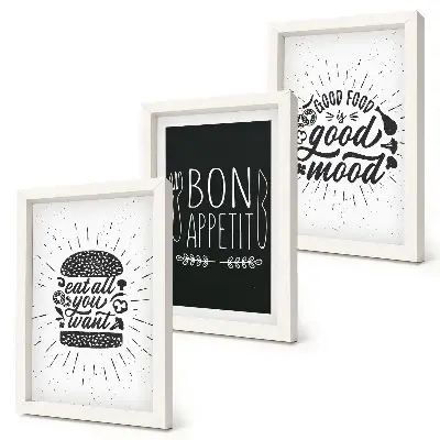 Bilderwand mit Grafiken und Slogans rund ums Thema Essen und Kulinarik